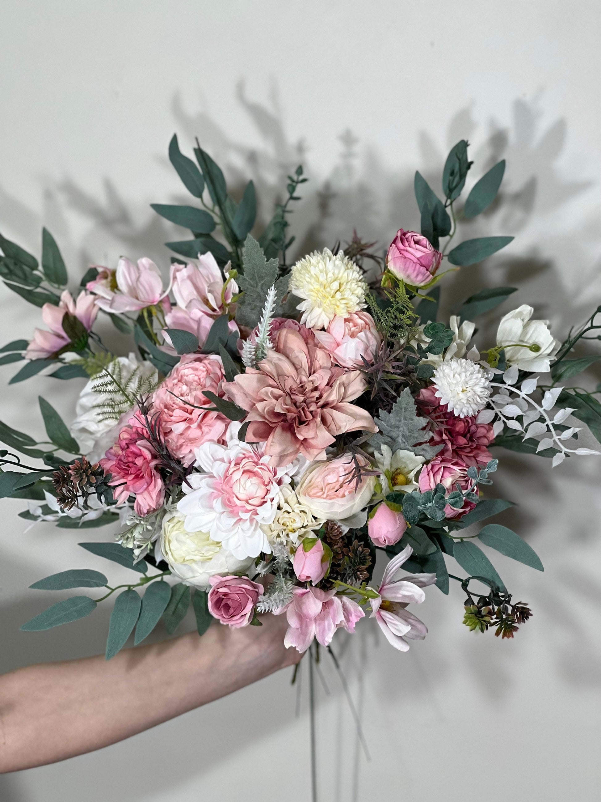 Wedding Bouquet Pink Dusty Rose Bridal Blush Wedding Bouquet Wild Flower White Bridesmaids Eucalyptus Pink Ivory Spring Artificial Flower
