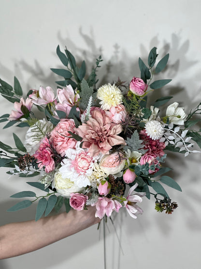 Wedding Bouquet Pink Dusty Rose Bridal Blush Wedding Bouquet Wild Flower White Bridesmaids Eucalyptus Pink Ivory Spring Artificial Flower