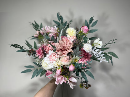 Wedding Bouquet Pink Dusty Rose Bridal Blush Wedding Bouquet Wild Flower White Bridesmaids Eucalyptus Pink Ivory Spring Artificial Flower