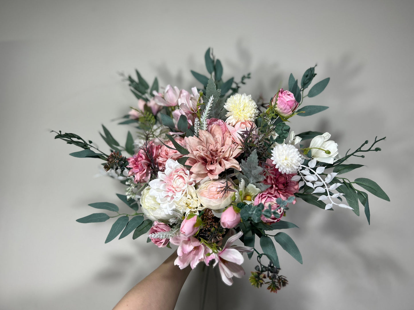 Wedding Bouquet Pink Dusty Rose Bridal Blush Wedding Bouquet Wild Flower White Bridesmaids Eucalyptus Pink Ivory Spring Artificial Flower