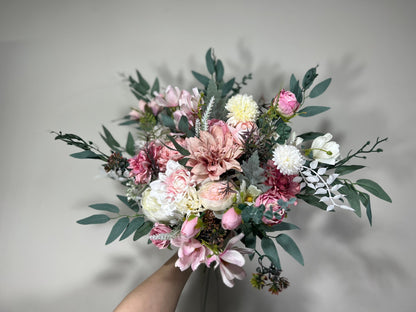 Wedding Bouquet Pink Dusty Rose Bridal Blush Wedding Bouquet Wild Flower White Bridesmaids Eucalyptus Pink Ivory Spring Artificial Flower