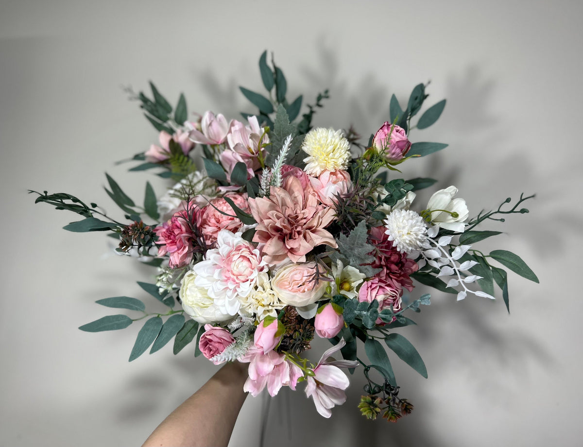 Wedding Bouquet Pink Dusty Rose Bridal Blush Wedding Bouquet Wild Flower White Bridesmaids Eucalyptus Pink Ivory Spring Artificial Flower