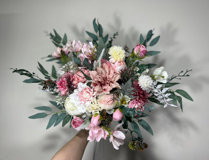 Wedding Bouquet Pink Dusty Rose Bridal Blush Wedding Bouquet Wild Flower White Bridesmaids Eucalyptus Pink Ivory Spring Artificial Flower