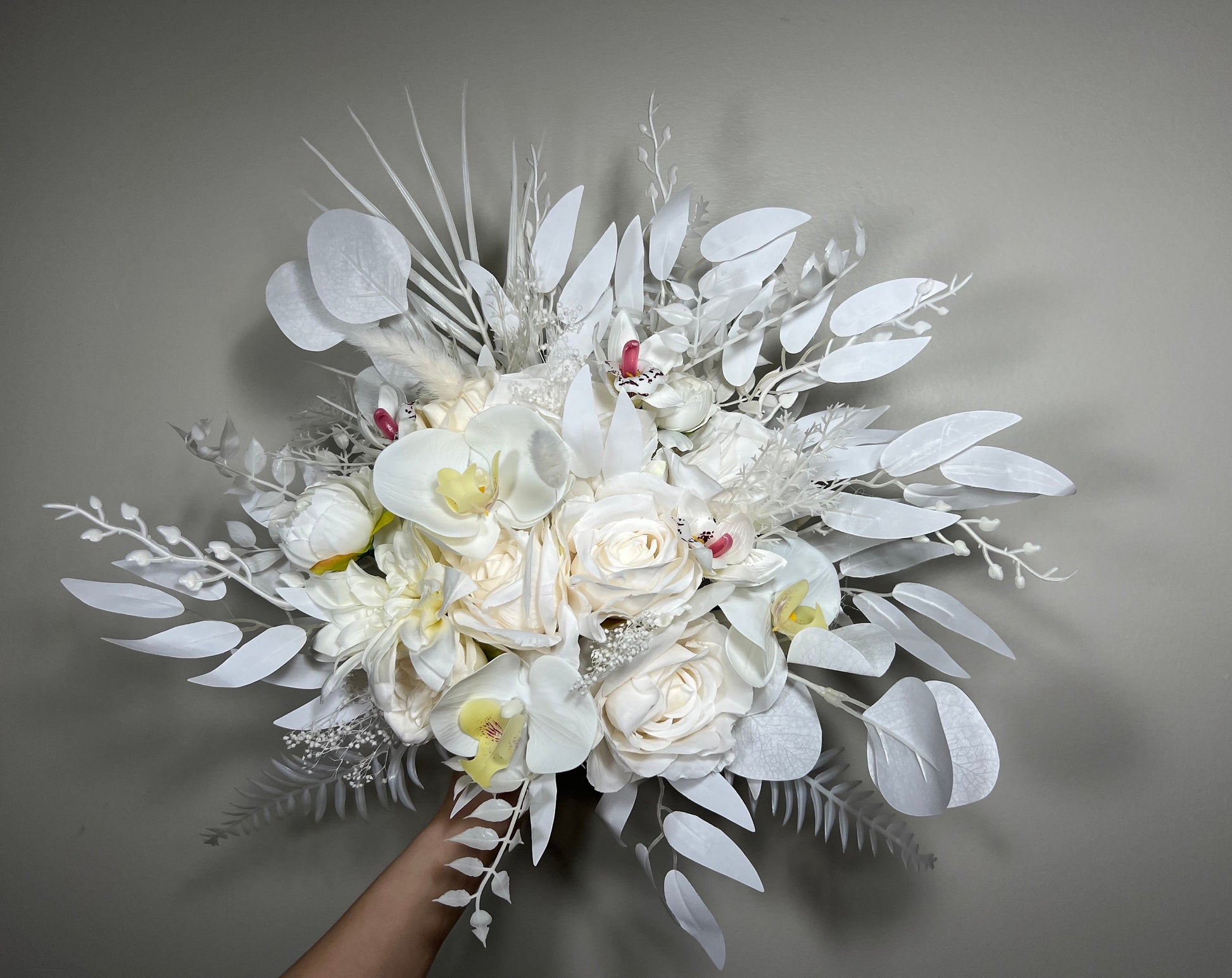 Wedding Bouquet White Bridal Orchid Wedding Ivory Bouquet Bridesmaids Orchid Decor Tropical Eucalyptus Fern White Rose Artificial Flower