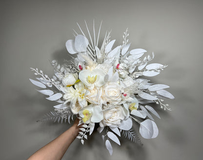 Wedding Bouquet White Bridal Orchid Wedding Ivory Bouquet Bridesmaids Orchid Decor Tropical Eucalyptus Fern White Rose Artificial Flower
