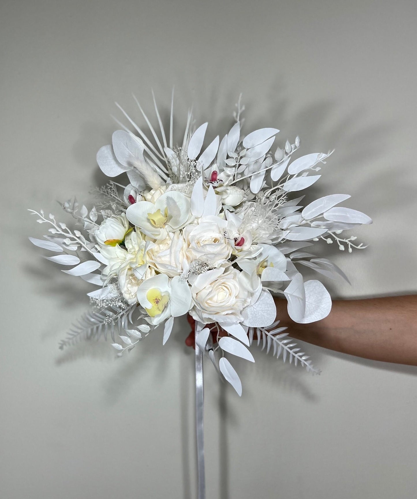 Wedding Bouquet White Bridal Orchid Wedding Ivory Bouquet Bridesmaids Orchid Decor Tropical Eucalyptus Fern White Rose Artificial Flower