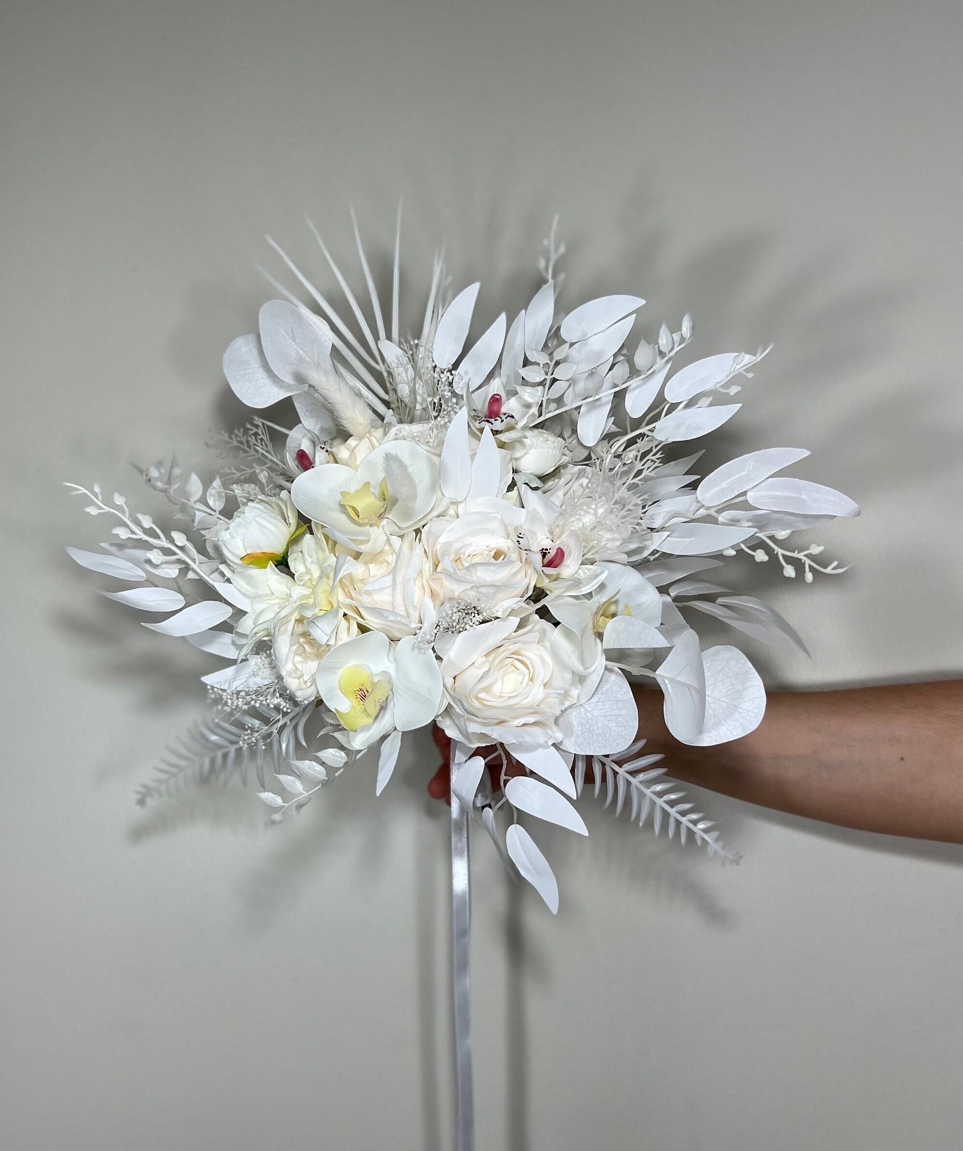 Wedding Bouquet White Bridal Orchid Wedding Ivory Bouquet Bridesmaids Orchid Decor Tropical Eucalyptus Fern White Rose Artificial Flower