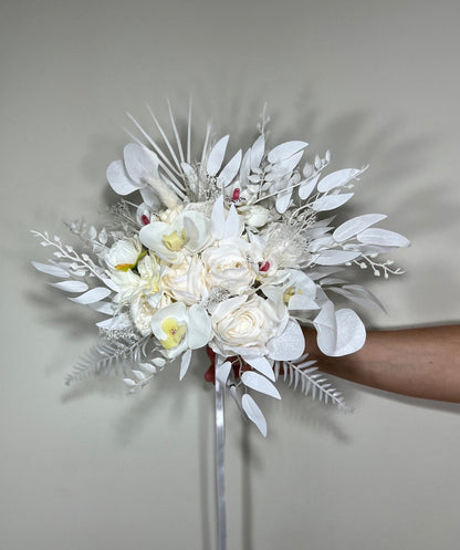 Wedding Bouquet White Bridal Orchid Wedding Ivory Bouquet Bridesmaids Orchid Decor Tropical Eucalyptus Fern White Rose Artificial Flower
