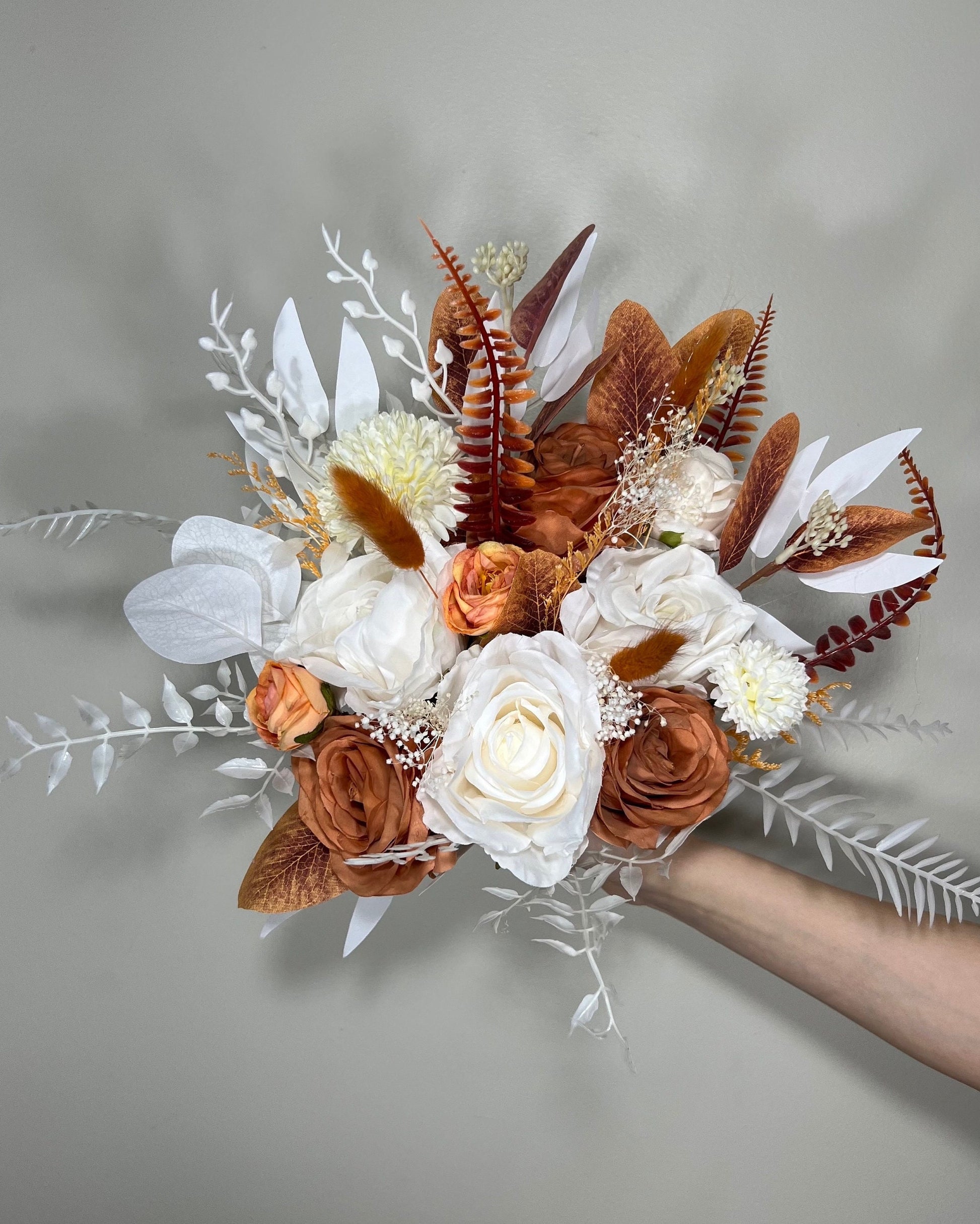 Wedding Bouquet Terracotta Boho Bridal Rust Wedding Burnt Orange Bridesmaids Decor Artificial Flower Baby Breath Fall Pumpkin Bunny Tails