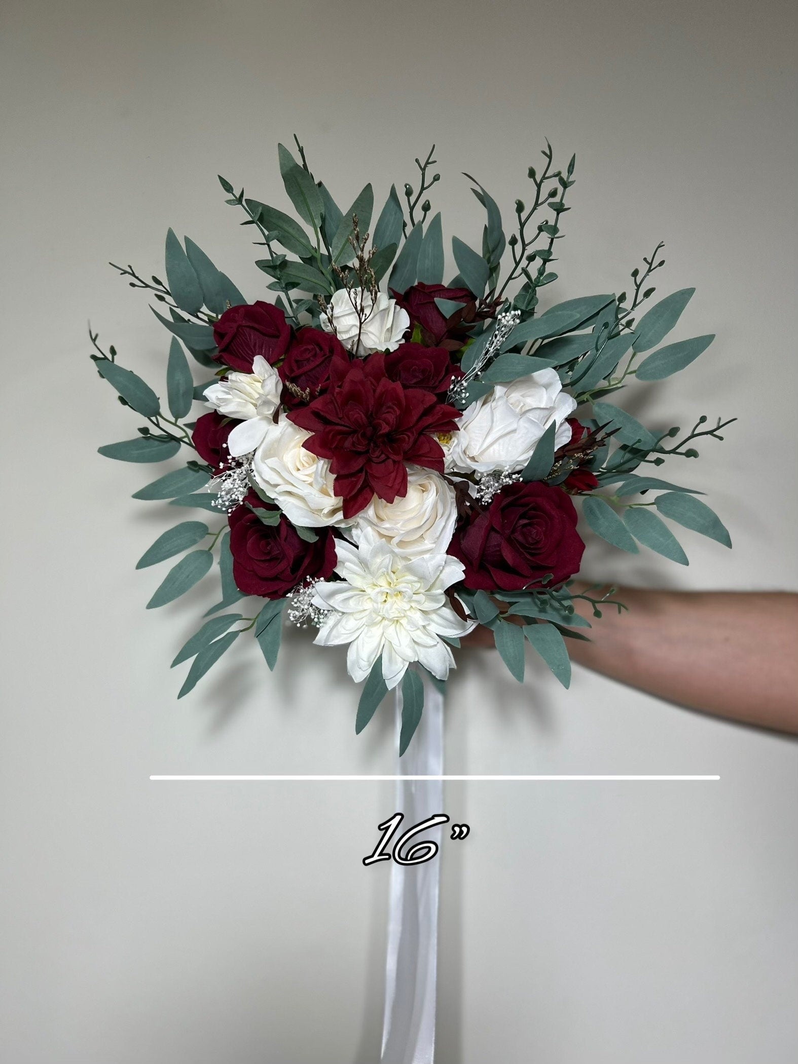 Wedding Bouquet Burgundy Bridal Red Rustic Bouquet Burgundy Bridesmaids White Christmas Bouquet Eucalyptus Dahlia Ivory Artificial Flowers