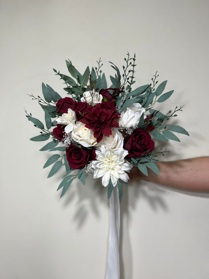 Wedding Bouquet Burgundy Bridal Red Rustic Bouquet Burgundy Bridesmaids White Christmas Bouquet Eucalyptus Dahlia Ivory Artificial Flowers