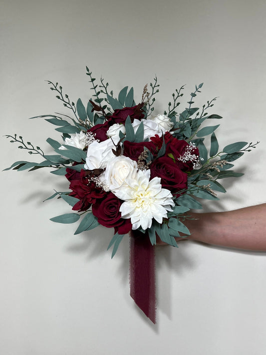 Wedding Bouquet Burgundy Bridal Red Rustic Bouquet Burgundy Bridesmaids White Christmas Bouquet Eucalyptus Dahlia Ivory Artificial Flowers