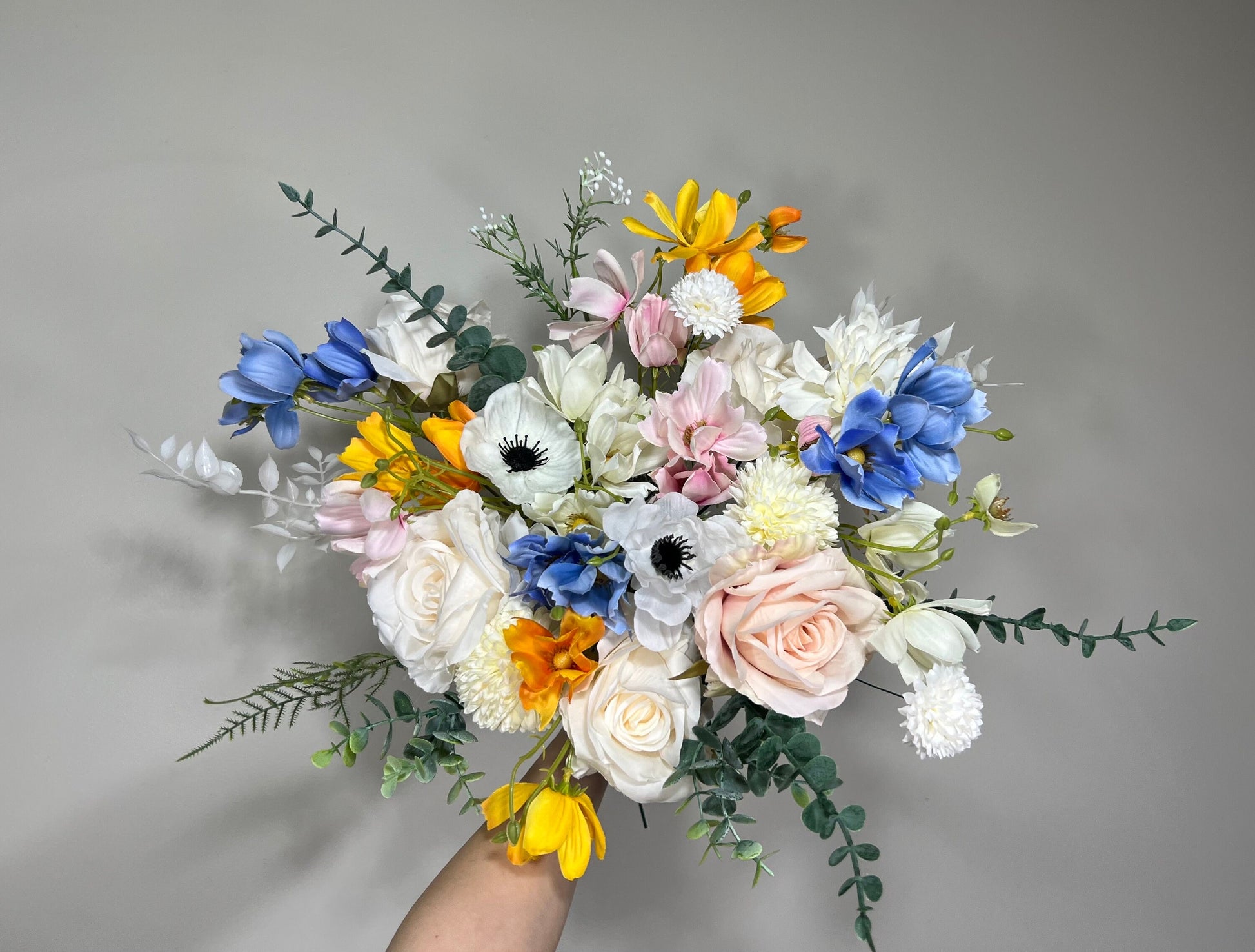 Wedding Bouquet Wild Flower Bridal White Bouquet Pink Blush Dusty Blue Bridesmaids Bouquet Poppy Spring Summer Anemone Artificial Flower