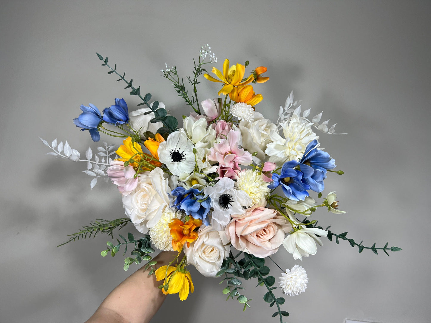 Wedding Bouquet Wild Flower Bridal White Bouquet Pink Blush Dusty Blue Bridesmaids Bouquet Poppy Spring Summer Anemone Artificial Flower