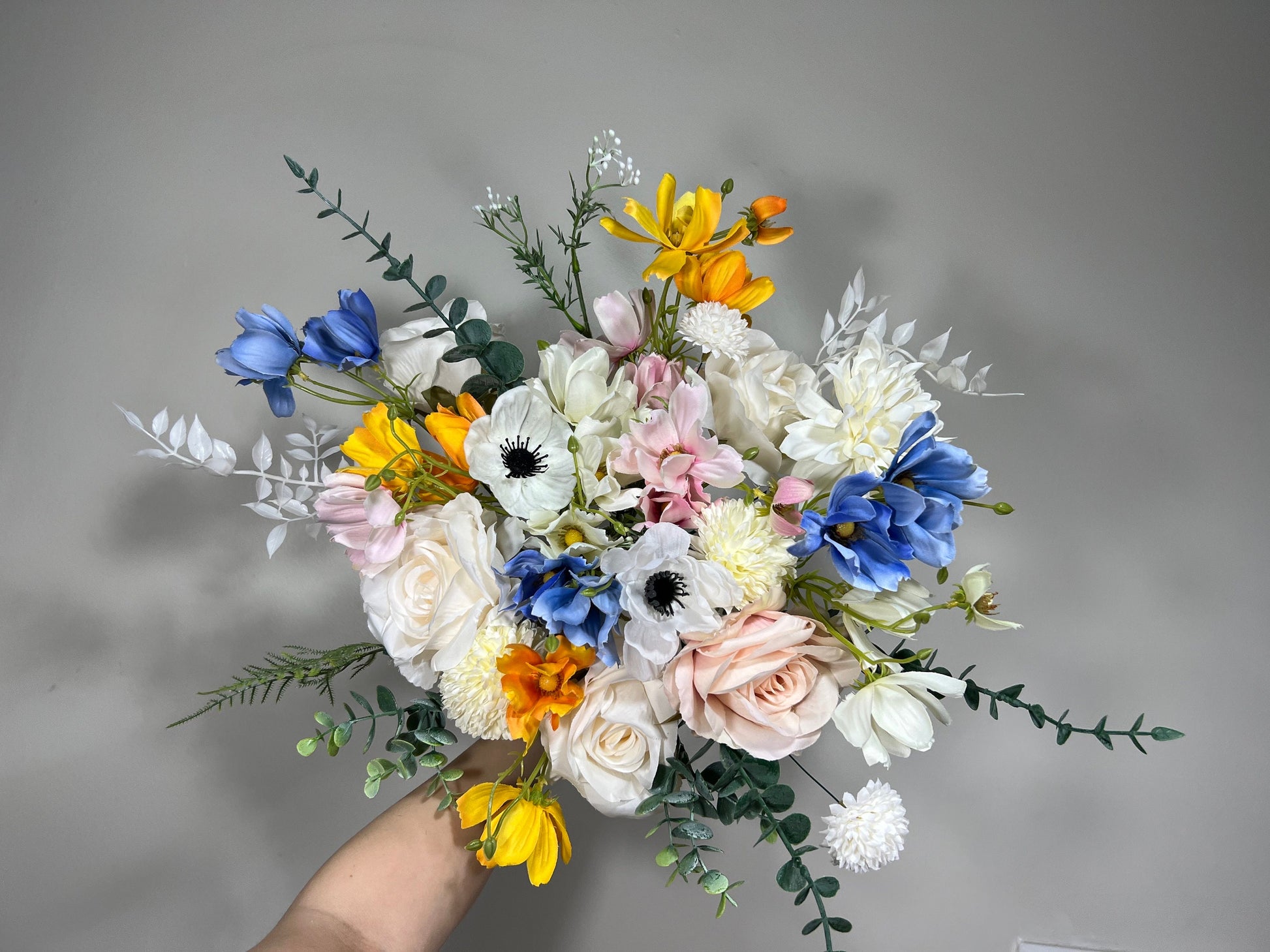 Wedding Bouquet Wild Flower Bridal White Bouquet Pink Blush Dusty Blue Bridesmaids Bouquet Poppy Spring Summer Anemone Artificial Flower