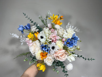 Wedding Bouquet Wild Flower Bridal White Bouquet Pink Blush Dusty Blue Bridesmaids Bouquet Poppy Spring Summer Anemone Artificial Flower