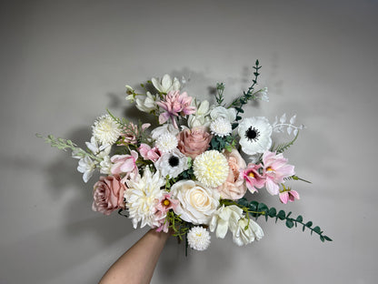 Wedding Dusty Rose Bouquet Wild Flower Bridal White Bouquet Pink Blush Bridesmaids Bouquet Spring Summer Anemone Artificial Flower Poppy