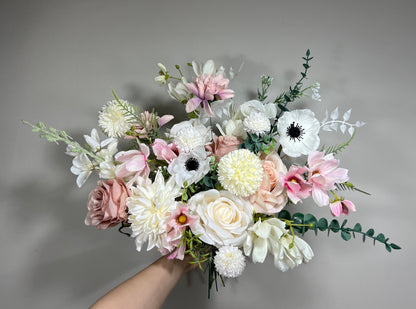 Wedding Dusty Rose Bouquet Wild Flower Bridal White Bouquet Pink Blush Bridesmaids Bouquet Spring Summer Anemone Artificial Flower Poppy