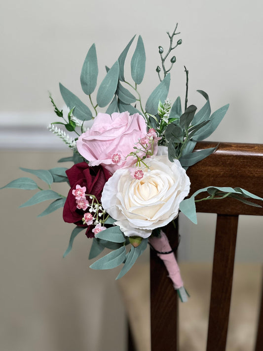 Pew Decor Wedding White Chair Decor Burgundy Aisle Flowers Blush Pink Aisle Arrangement Wedding Ceremony Decoration Chair Artificial Flower