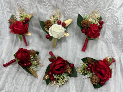 Pocket Boutonniere Christmas Wedding Groom Red Square Boutonnières Groomsmen Pocket Boutonnière White Red Winter Boutonniere Pine Cone