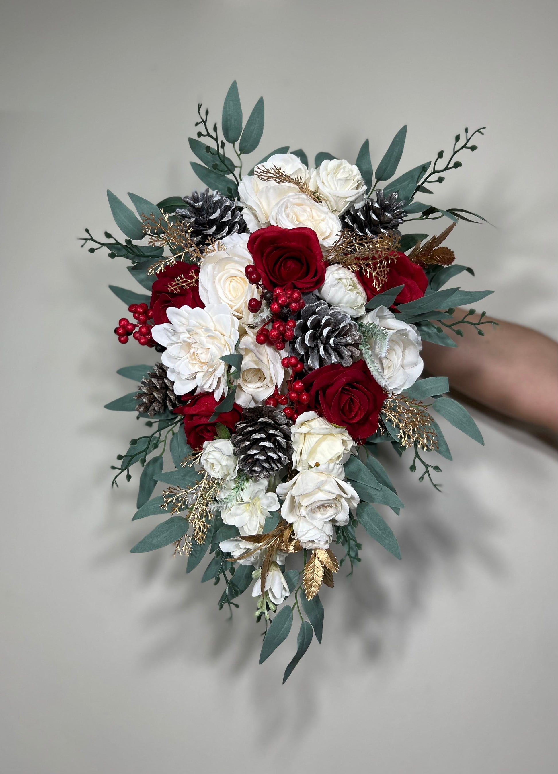 Wedding Christmas Bouquet Bridal Red White Rustic Bridesmaids Decor Gold Christmas Tree Winter Snow Pine Cone Red Berries Artificial Reddit