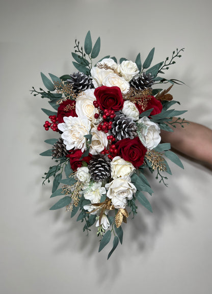 Wedding Christmas Bouquet Bridal Red White Rustic Bridesmaids Decor Gold Christmas Tree Winter Snow Pine Cone Red Berries Artificial Reddit