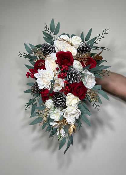 Wedding Christmas Bouquet Bridal Red White Rustic Bridesmaids Decor Gold Christmas Tree Winter Snow Pine Cone Red Berries Artificial