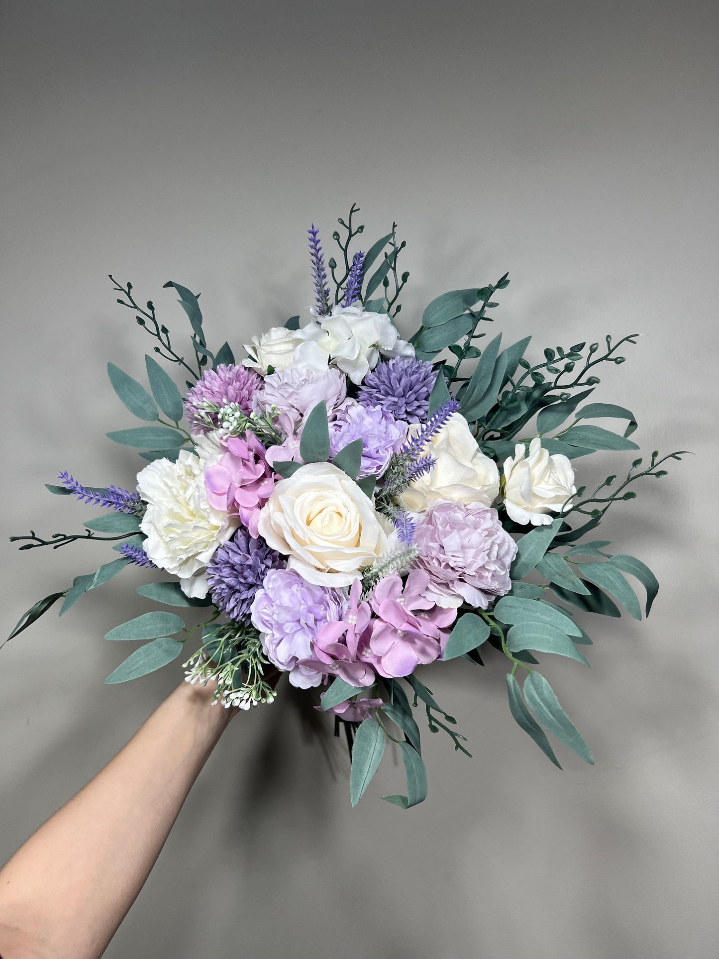 Wedding Lavender Bouquet Purple Bridal Violet Bouquet Plum Bridesmaids Lilac Dandelion Hydrangea Eucalyptus White Wild Flowers Artificial