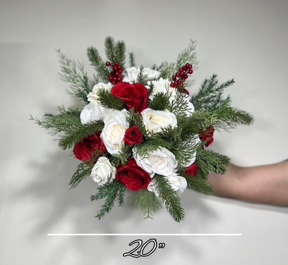 Wedding Christmas Bouquet Bridal White Rustic Bridesmaids Bouquet Red Winter Christmas Tree Pine Red Berries Artificial Flowers Winter