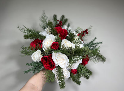 Christmas Bouquet Wedding Bridal White Bridesmaids Winter Red Tree Pine Berries Artificial Flowers