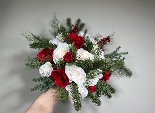 Wedding Christmas Bouquet Bridal White Rustic Bridesmaids Bouquet Red Winter Christmas Tree Pine Red Berries Artificial Flowers Winter