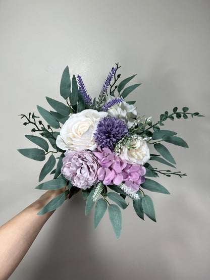 Wedding Lavender Bouquet Purple Bridal Violent Bouquet Plum Bridesmaids Lilac Dandelion White Eucalyptus Ivory Wild Flowers Artificial