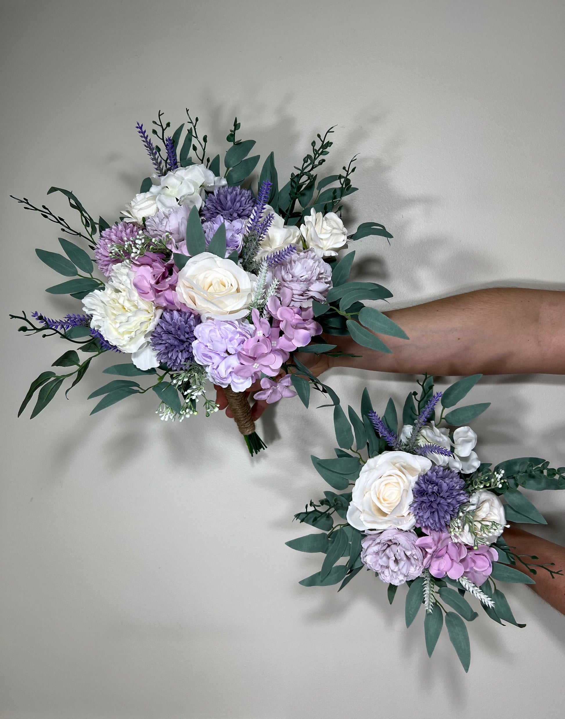 Wedding Lavender Bouquet Purple Bridal Violet Bouquet Plum Bridesmaids Lilac Dandelion Hydrangea Eucalyptus White Wild Flowers Artificial