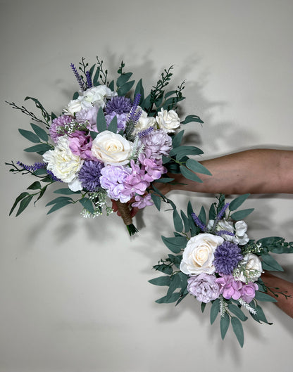 Wedding Lavender Bouquet Purple Bridal Violet Bouquet Bridesmaids Lilac Dandelion White Eucalyptus Ivory Wild Flowers Artificial