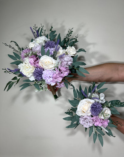 Wedding Lavender Bouquet Purple Bridal Violet Bouquet Bridesmaids Lilac Dandelion White Eucalyptus Ivory Wild Flowers Artificial