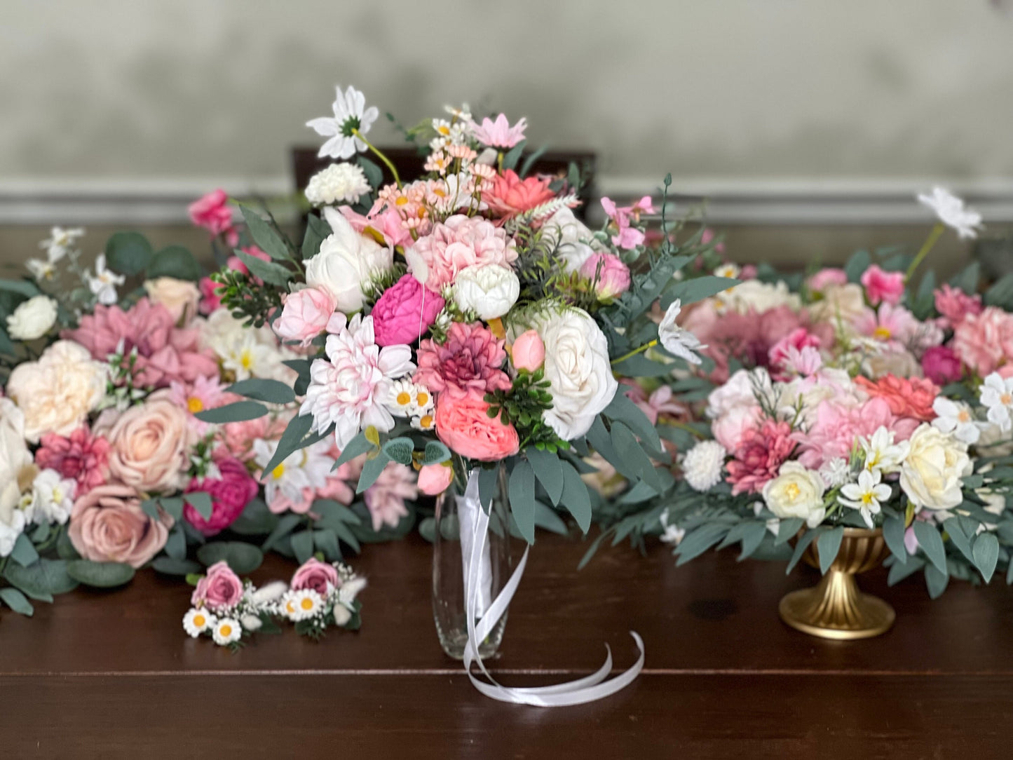 Wedding Wild Flower Bouquet Pink Bridal Dusty Rose Bouquet Bridesmaids White Pink Eucalyptus Fuchsia Spring Peony Artificial Flower Wild