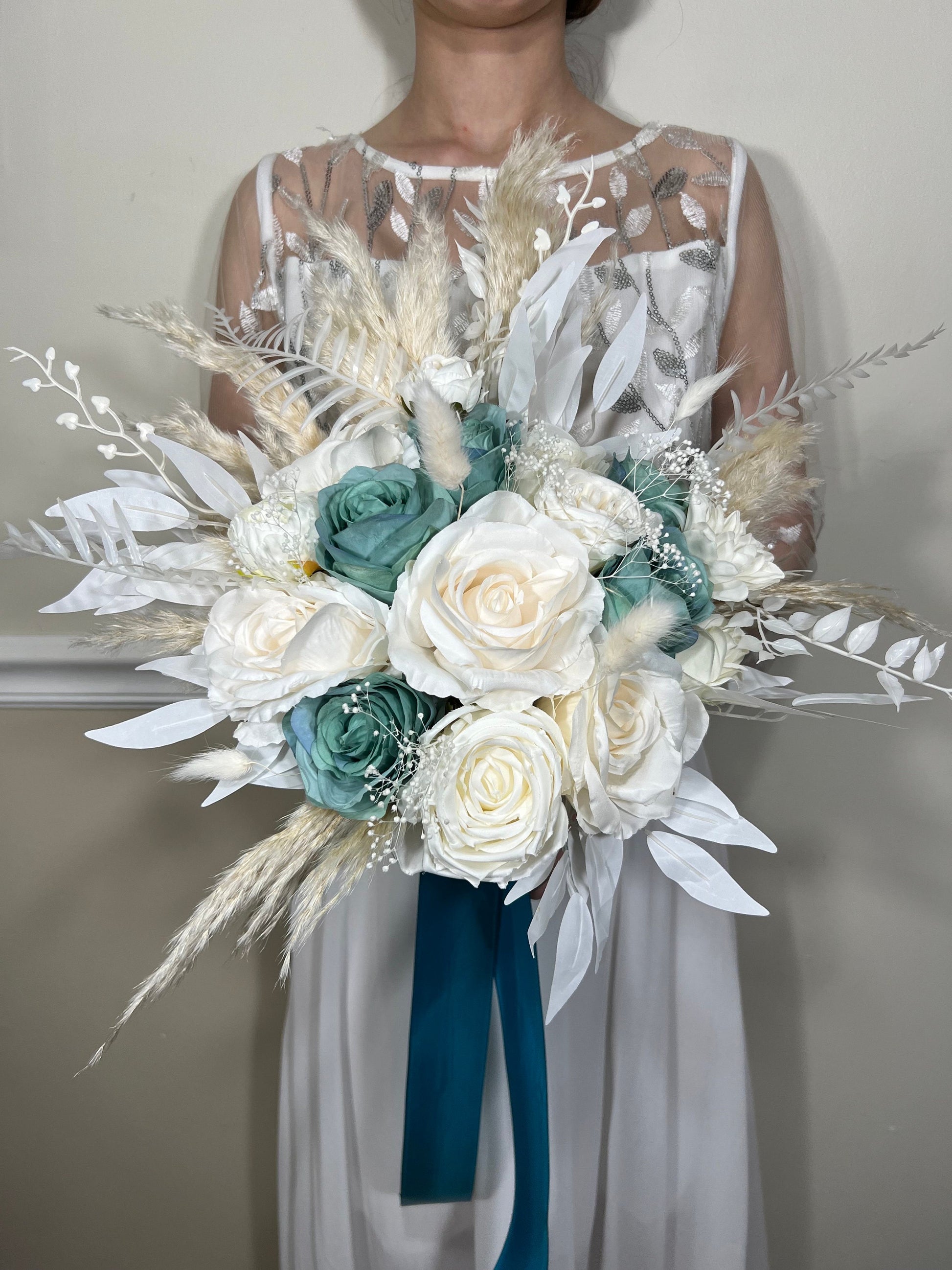 Wedding Teal Bouquet White Boho Bridal Ivory Wedding Teal Bouquet Blue Pampas Grass White Decor Bunny Tails Artificial Flower