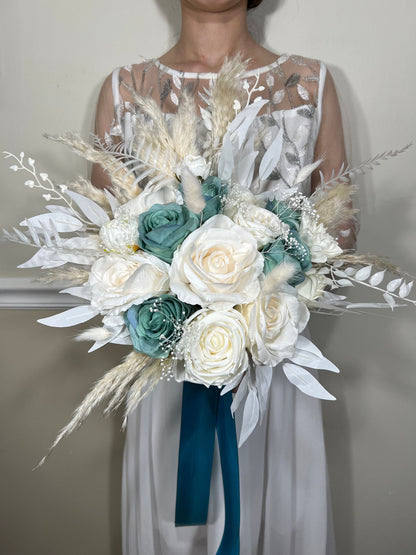 Wedding Teal Bouquet White Boho Bridal Ivory Wedding Teal Bouquet Blue Pampas Grass White Decor Bunny Tails Artificial Flower