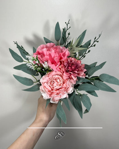 Wedding Pink Bouquet Wild Flower Bridal Dusty Rose Bouquet Bridesmaids White Orange Eucalyptus Fuchsia Spring Peony Artificial Flower