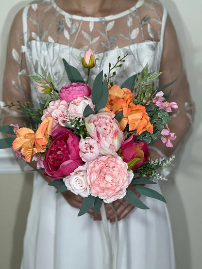 Wedding Pink Bouquet Wild Flower Bridal Dusty Rose Bouquet Bridesmaids White Orange Eucalyptus Fuchsia Spring Peony Artificial Flower