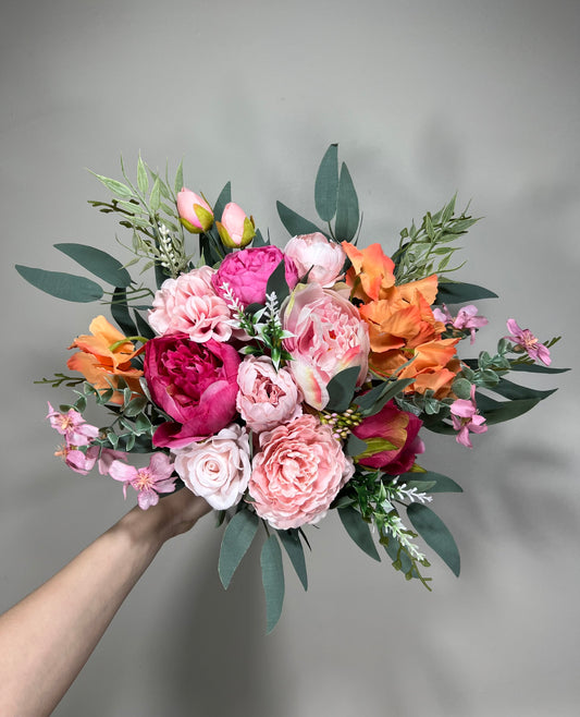 Wedding Pink Bouquet Wild Flower Bridal Dusty Rose Bouquet Bridesmaids White Orange Eucalyptus Fuchsia Spring Peony Artificial Flower