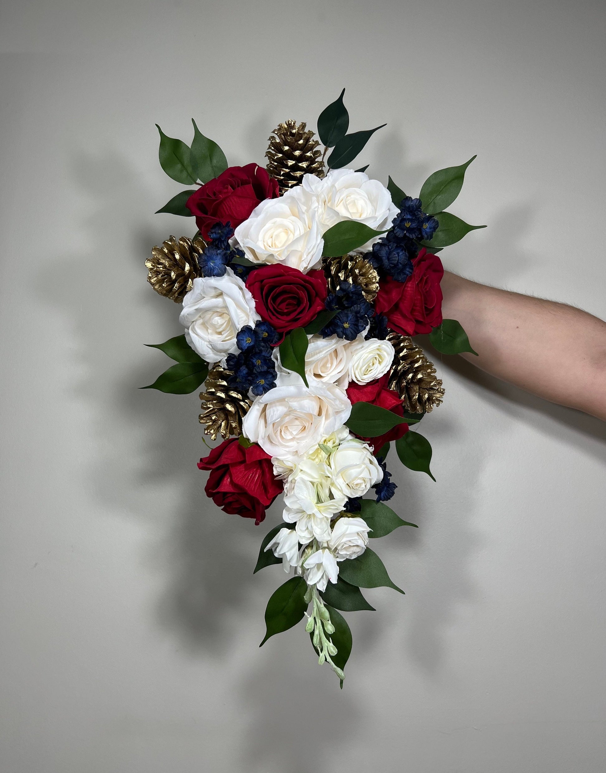 Wedding Christmas Bouquet Cascade Winter Burgundy Gold Pine Cone Navy Blue Beauty and Beast Cascading Bridal Bouquet Red White Bridesmaids