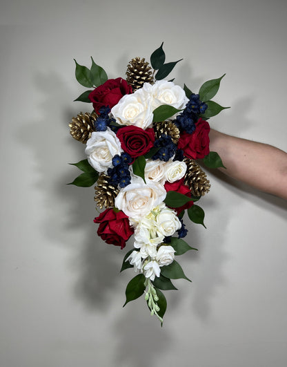 Wedding Christmas Bouquet Cascade Winter Burgundy Gold Pine Cone Navy Blue Beauty and Beast Cascading Bridal Bouquet Red White Bridesmaids