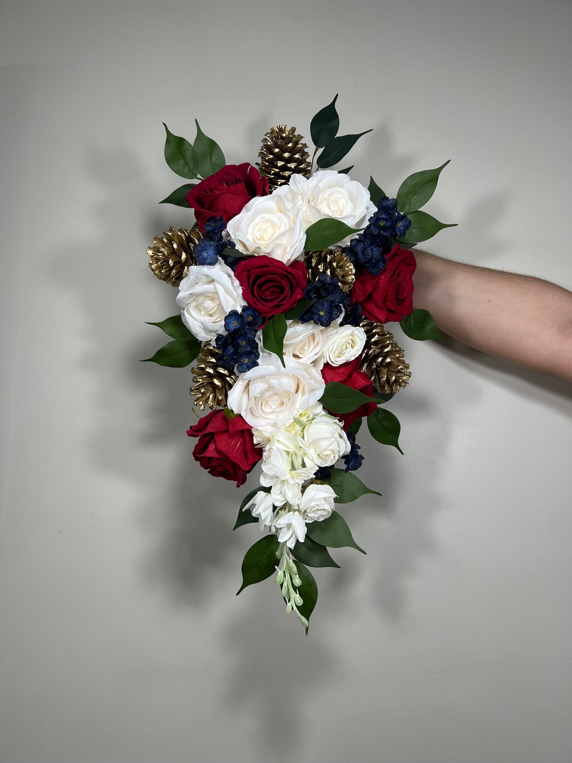 Wedding Christmas Bouquet Cascade Winter Burgundy Gold Pine Cone Navy Blue Beauty and Beast Cascading Bridal Bouquet Red White Bridesmaids