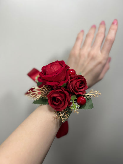 Wedding Christmas Corsage Red Gold Wedding Wrist Corsage Red Bridesmaids Burgundy Corsage Pine Cone Winter Artificial Flowers