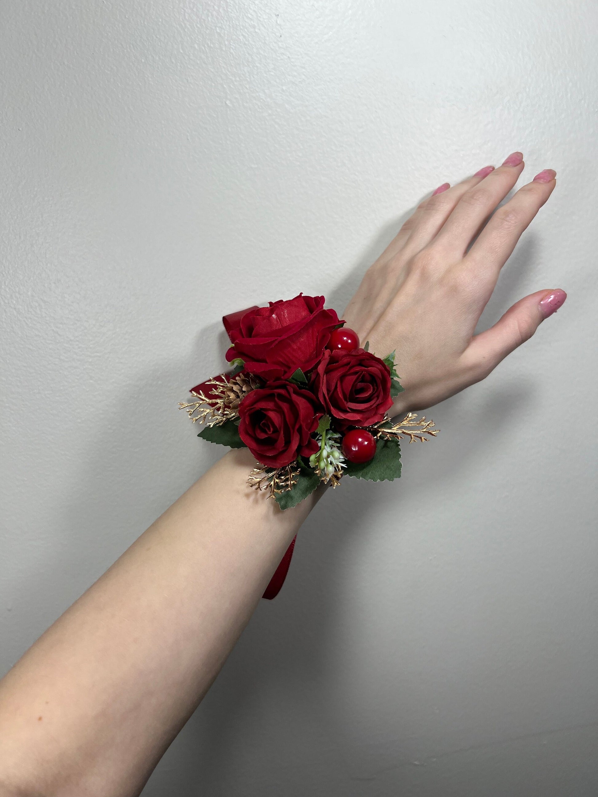 Wedding Christmas Corsage Red Gold Wedding Wrist Corsage Red Bridesmaids Burgundy Corsage Pine Cone Winter Artificial Flowers