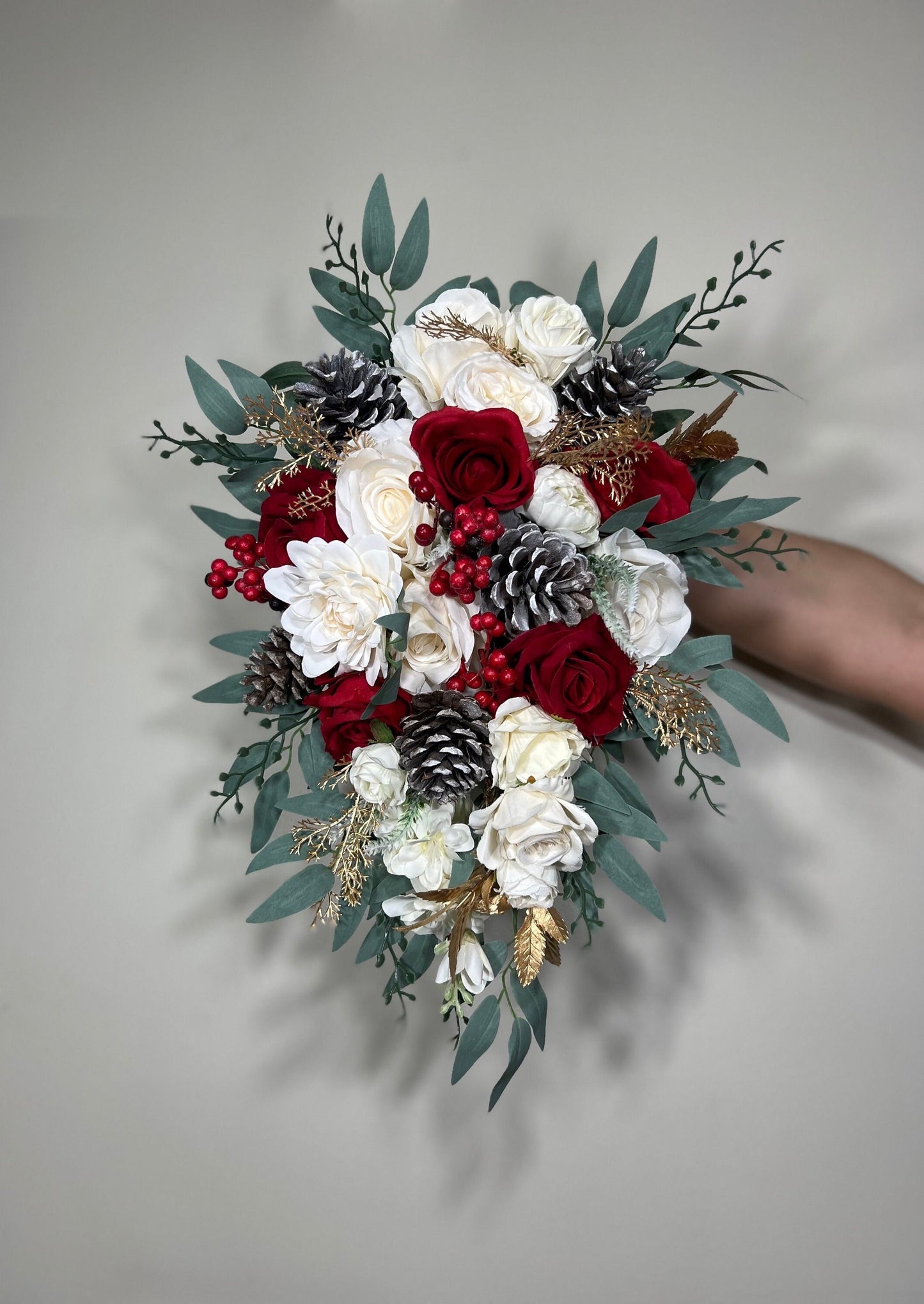 Wedding Cascade Christmas Bouquet Cascading White Winter Red Christmas Bridal Ivory Rustic Bridesmaids Bouquet Gold Christmas Tree Pine Cone