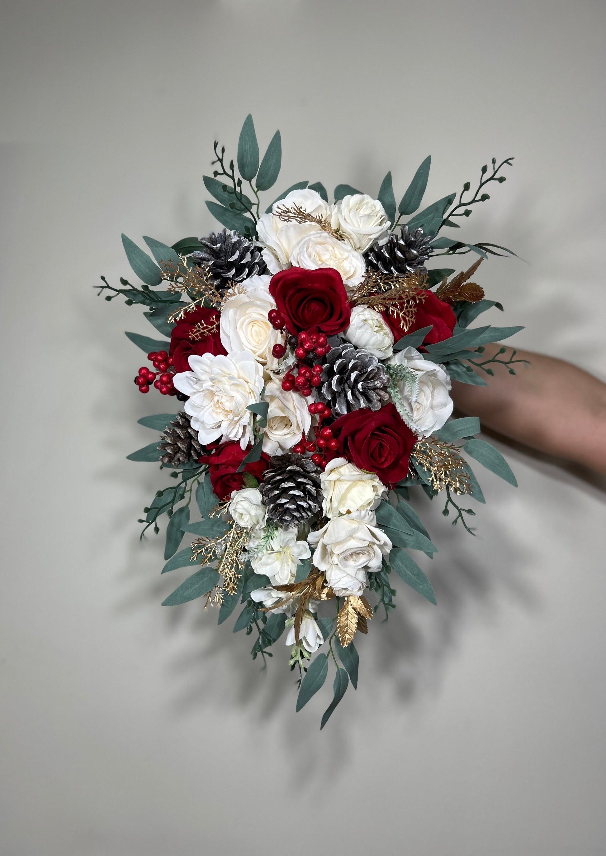 Wedding Cascade Christmas Bouquet Cascading White Winter Red Christmas Bridal Ivory Rustic Bridesmaids Bouquet Gold Christmas Tree Pine Cone