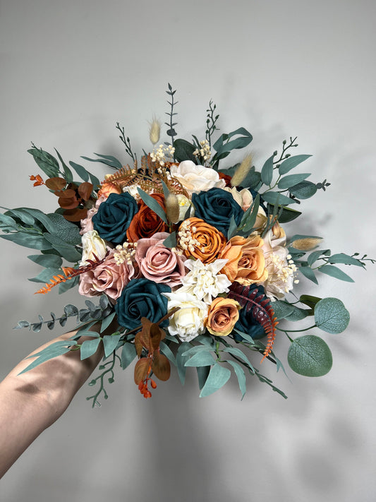 Wedding Dark Teal Bouquet Rust Orange Bridal Dusty Rose Bridesmaids Bouquet Terracotta Dusty Rose Silk Artificial Flowers Bouquet