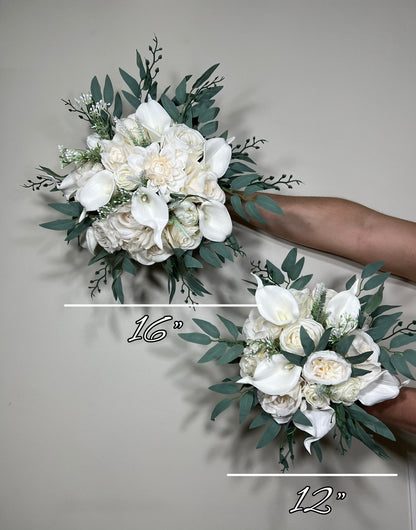 Wedding Calla Lily Bouquet White Bridal Ivory Bouquet Classic Sage Eucalyptus Greenery Calla Lily Bridesmaids Bouquet Artificial Flowers